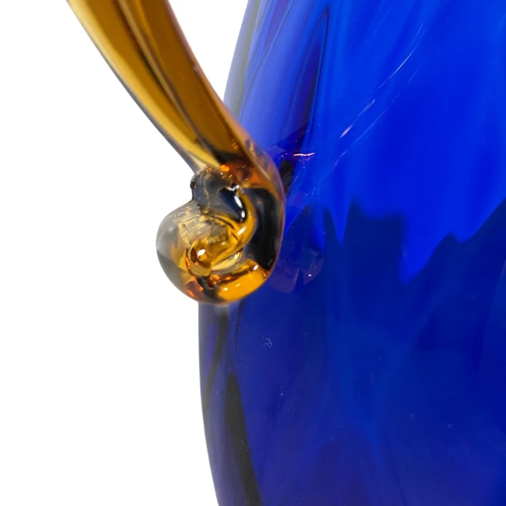 Blenko Cobalt Blue Optic Honeycomb Pitcher Amber Handles 9.5